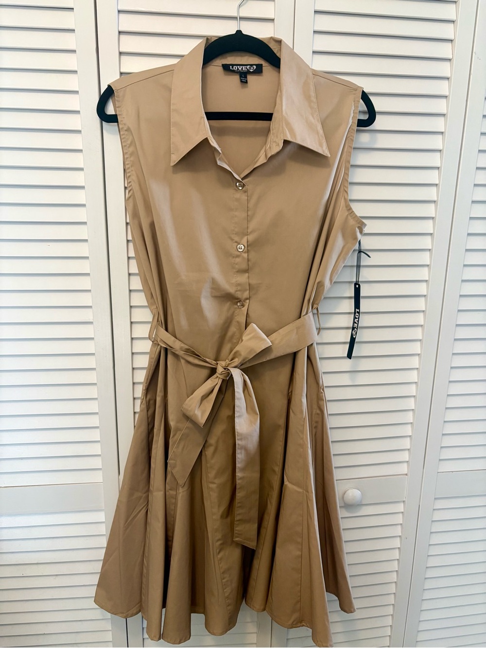 Love 83 Brand Classic Sleeveless Shirt Dress in Beige Tan